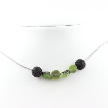 Jade Nephrite from Xiuyan China + Lava 8 mm beaded necklace Stainless steel chain