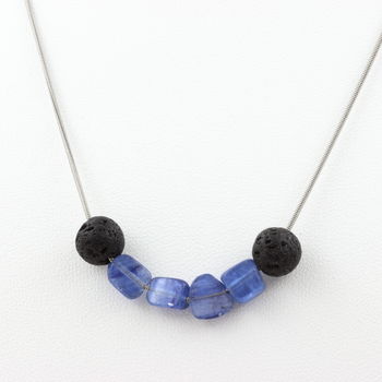 Blue Kyanite from Brazil + Lava 8 mm beaded necklace Stainless steel chain
