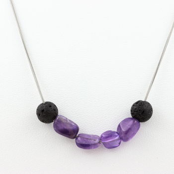 Amethyst from Brazil + Lava 8 mm beaded necklace Stainless steel chain