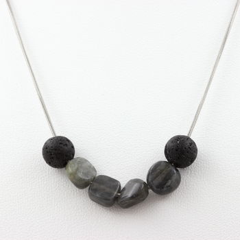 Labradorite from Finland + Lava 8 mm beaded necklace Stainless steel chain