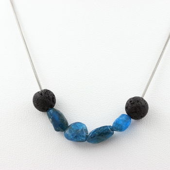 Blue Apatite from Brazil + Lava 8 mm beaded necklace Stainless steel chain