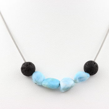 Larimar from the Dominican Republic + Lava 8 mm beaded necklace Stainless steel chain