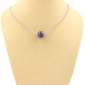 Collier 1 perle Jaspe bleu 8 mm. Chaine en acier inoxydable.