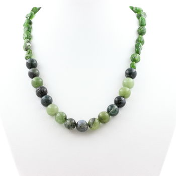 Collier perles Diopside du Brésil + Jade + Agate mousse 8 mm. Chaine en acier inoxydable.
