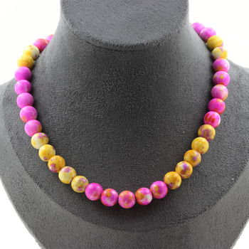 Collier perles Jaspe rose jaune + Jaspe jaune violet 8 mm. Chaine en acier inoxydable.