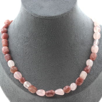 Collier perles Quartz rose du Brésil + Rubis du Brésil. Chaine en acier inoxydable.
