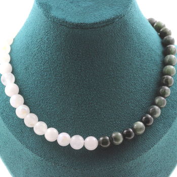 Collier perles Pierre de Lune + Seraphinite de Russie 8 mm. Chaine en acier inoxydable.