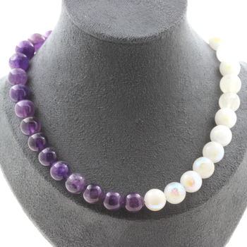 Amethyst 10 mm + Moonstone 10 mm beads necklace Stainless steel chain