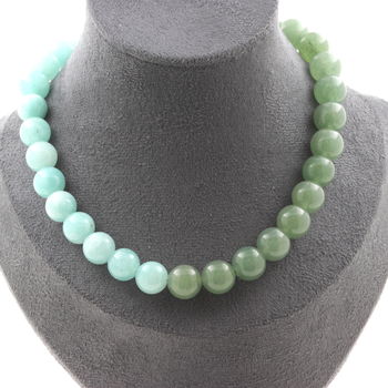Collier perles Angélite 10 mm + Aventurine 10 mm. Chaine en acier inoxydable.