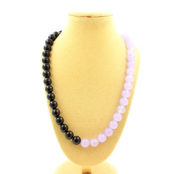 Lavender Chalcedony + Black Agate 8 mm beads necklace Stainless steel chain