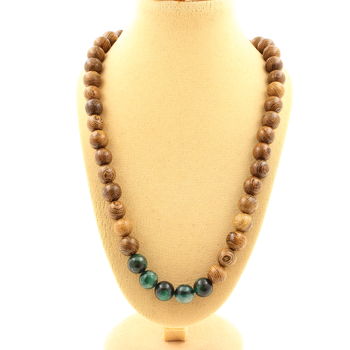 Emerald from Zambia Quality 3A + wood 8 mm beads necklace Stainless steel chain