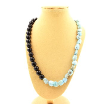 Dominican Republic Larimar + Black Agate 8 mm beads necklace Stainless steel chain