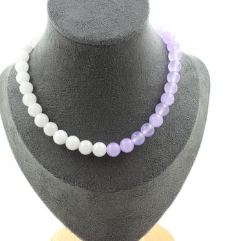 Aquamarine + Lavender Chalcedony 8 mm beads necklace Stainless steel chain