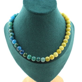 Collier perles Serpentine + Apatite 8 mm. Chaine en acier inoxydable.