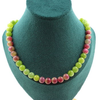 Collier perles Péridot + Tourmaline bicolore 8 mm. Chaine en acier inoxydable.