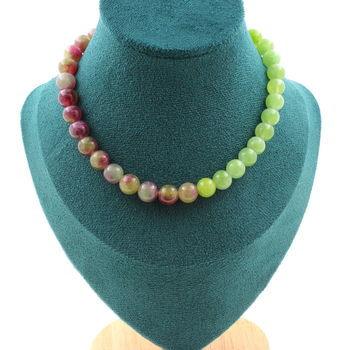 Collier perles Tourmaline bicolore + Péridot 8 mm. Chaine en acier inoxydable.