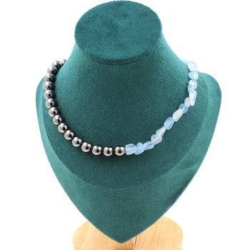 Aquamarine from Brazil + Hematite 8 mm beads necklace Stainless steel chain
