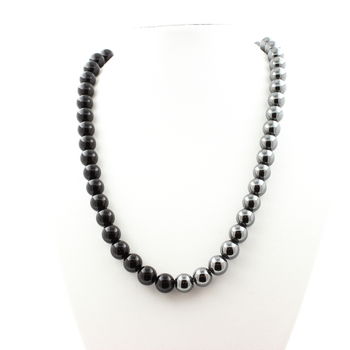 Collier perles Agate noire + Hématite 8 mm. Chaine en acier inoxydable.