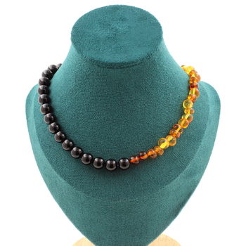 Genuine Baltic Sea Amber + Black Agate 8 mm beads necklace Stainless steel chain