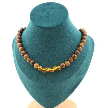 Collier perles Ambre véritable de la mer Baltique + bois 8 mm. Chaine en acier inoxydable.