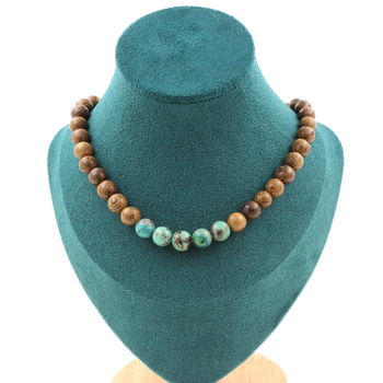 Collier perles Chrysocolle de Namibie qualité 7A + bois 8 mm. Chaine en acier inoxydable.
