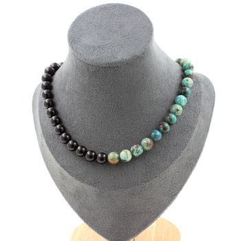 Chrysocolla from Namibia quality 7A + Black Agate 8 mm beads necklace Stainless steel chain