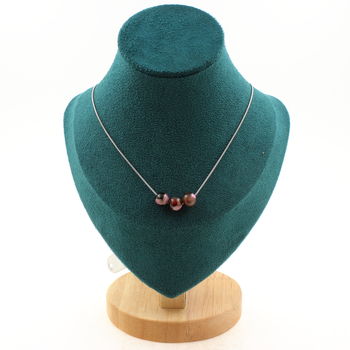 Fuchsia and brown Agate 3 beads necklace 8 mm. Stainless steel chain