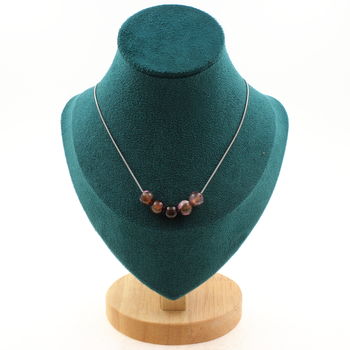 Fuchsia and brown Agate 5 beads necklace 8 mm. Stainless steel chain