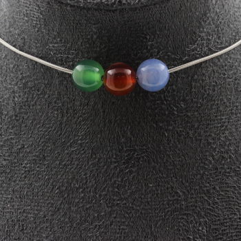 Collier 3 perles Agate multicolore 8 mm. Chaine en acier inoxydable