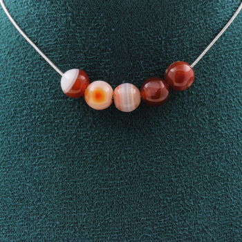 Banded Agate 5 beads necklace 8 mm. Stainless steel chain