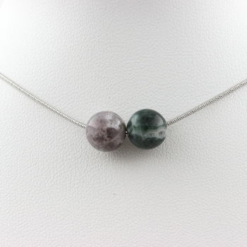 Collier 2 perles Agate Indienne 8 mm. Chaine en acier inoxydable