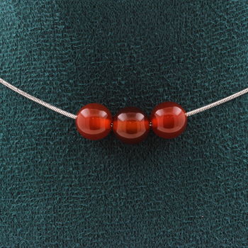 Red Agate 3 beads necklace 8 mm. Stainless steel chain