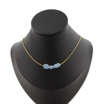 Collier 3 perles Aigue-Marine du Brésil. Chaine en acier doré inoxydable