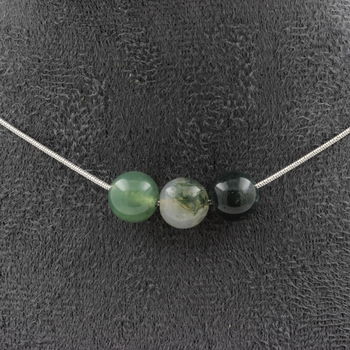 Moss Agate 3 beads 8 mm necklace. Stainless steel chain