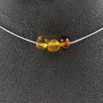 Genuine Baltic Sea Amber 3 beads necklace. Stainless steel chain