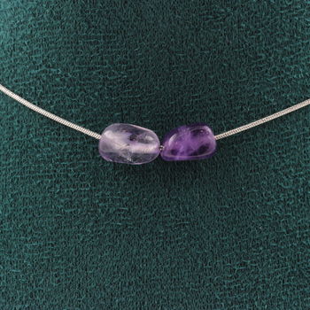 Collier 2 perles Améthyste du Brésil. Chaine en acier inoxydable