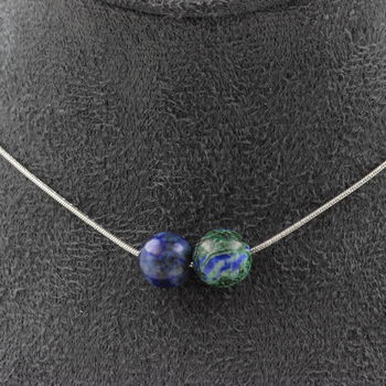 Azurite Chrysocolla 2 beads 8 mm necklace. Stainless steel chain