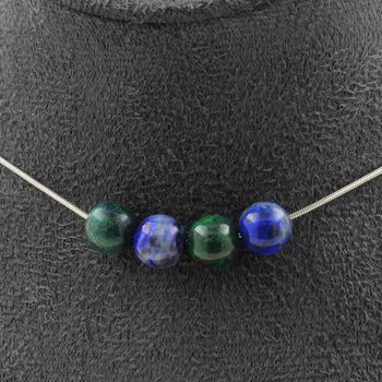 Collier 4 perles Azurite Chrysocolle 8 mm. Chaine en acier inoxydable
