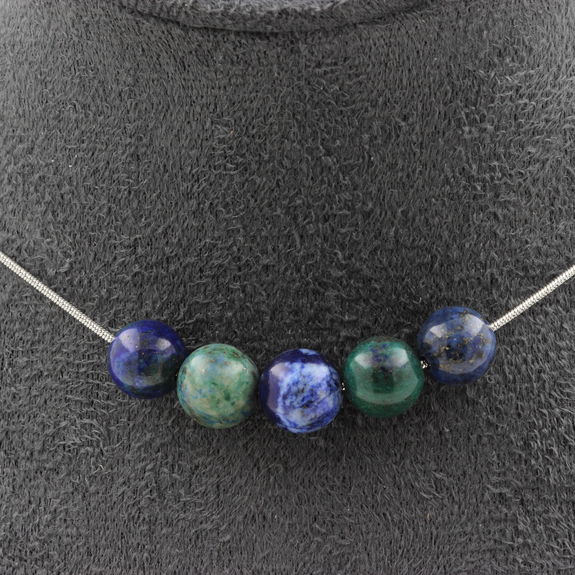 Azurite Chrysocolla 5 beads 8 mm necklace. Stainless steel chain