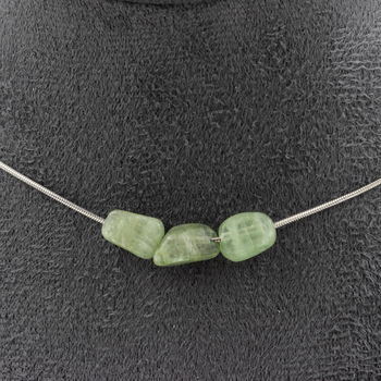 Green Apatite from Madagascar 3 beads necklace. Stainless steel chain