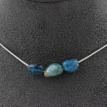 Blue Apatite from Brazil 3 beads necklace. Stainless steel chain