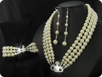224x6~12mm White Pearl + Created Diamond Necklace Bracelet Earrings Set