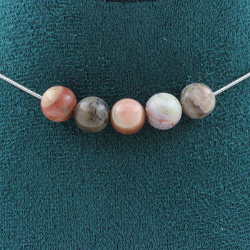 Petrified wood 5 beads 8 mm necklace. Stainless steel chain