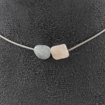 Collier 2 perles Béryl Morganite du Brésil. Chaine en acier inoxydable
