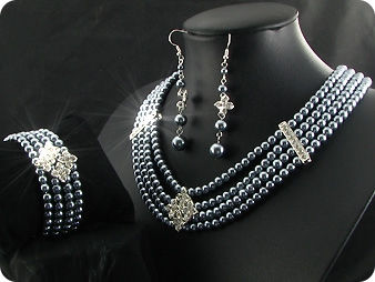 472x6~10mm Black Pearl + Created Diamond Necklace Bracelet Earrings Set