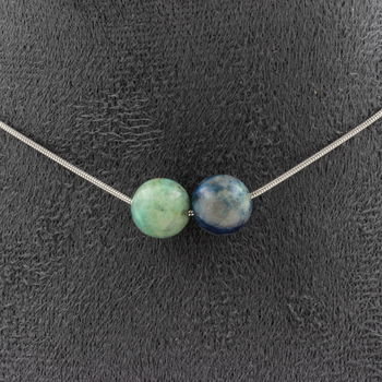 Collier 2 perles Chrysocolle de Namibie qualité 7A 8 mm. Chaine en acier inoxydable