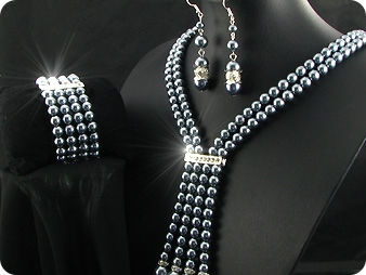 292x6~12mm Black Pearl + Created Diamond Necklace Bracelet Earrings Set