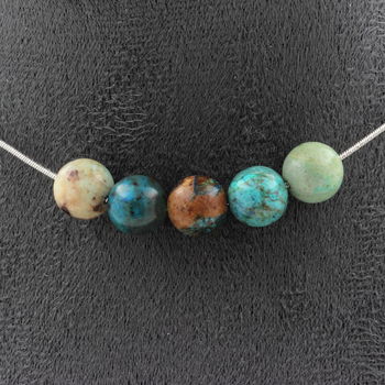 Chrysocolla from Namibia quality 7A 8 mm 5 beads necklace. Stainless steel chain