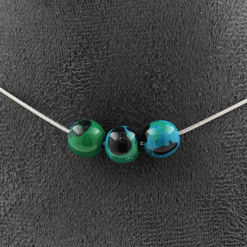 Tinted Chrysocolla 8 mm 3 beads necklace. Stainless steel chain