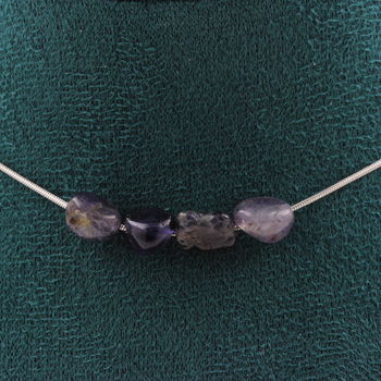 Cordierite Iolite from Madagascar 4 beads necklace. Stainless steel chain